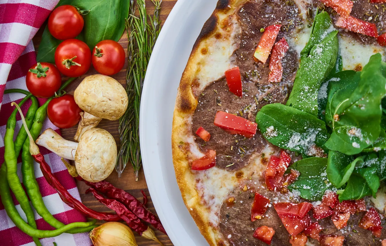 Photo wallpaper mushrooms, pizza, tomatoes, tomatoes