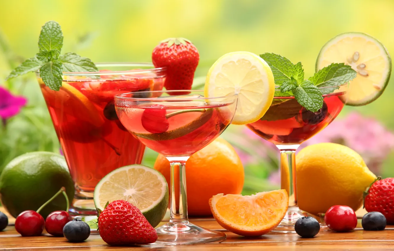 Photo wallpaper cherry, table, lemon, orange, glasses, strawberry, berry, lime