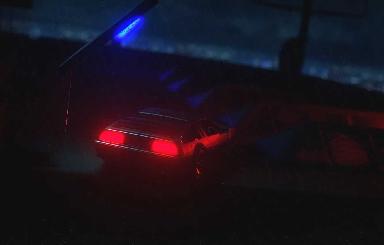 Photo wallpaper machine, auto, style, background, rain, art, DeLorean DMC-12, 80s
