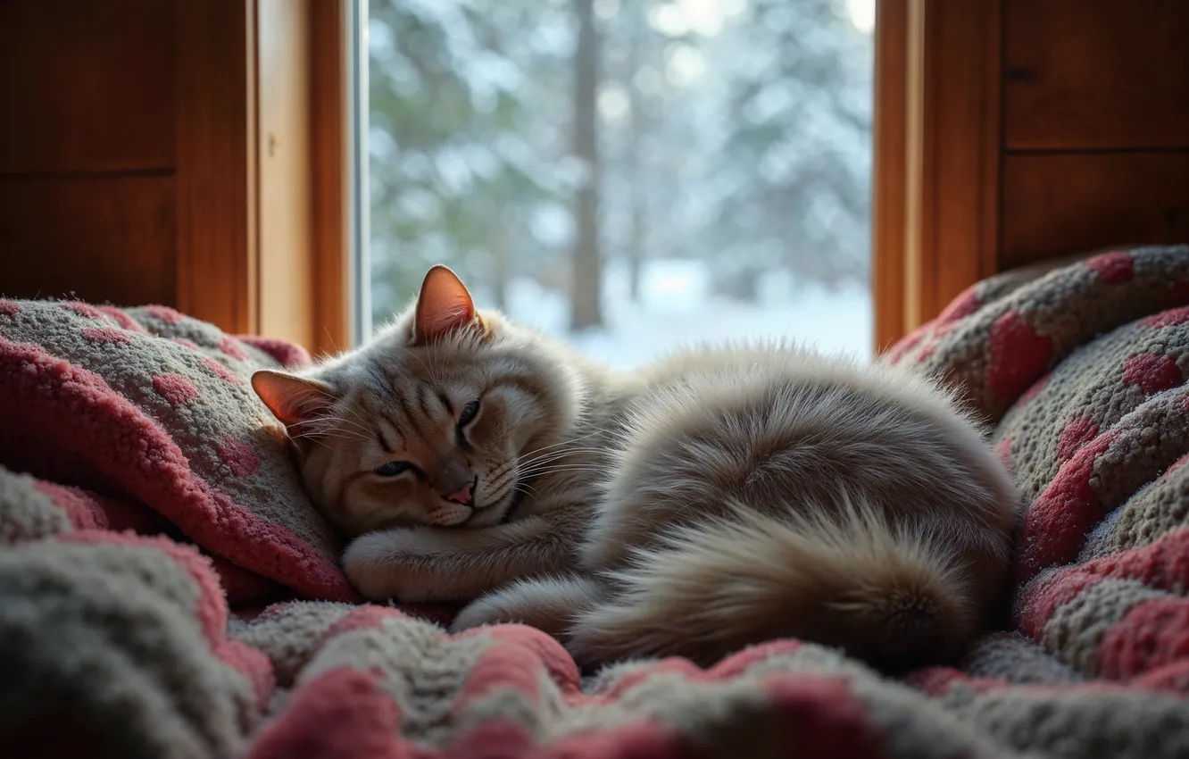 Photo wallpaper winter, cat, snow, comfort, window, plaid, cat, winter