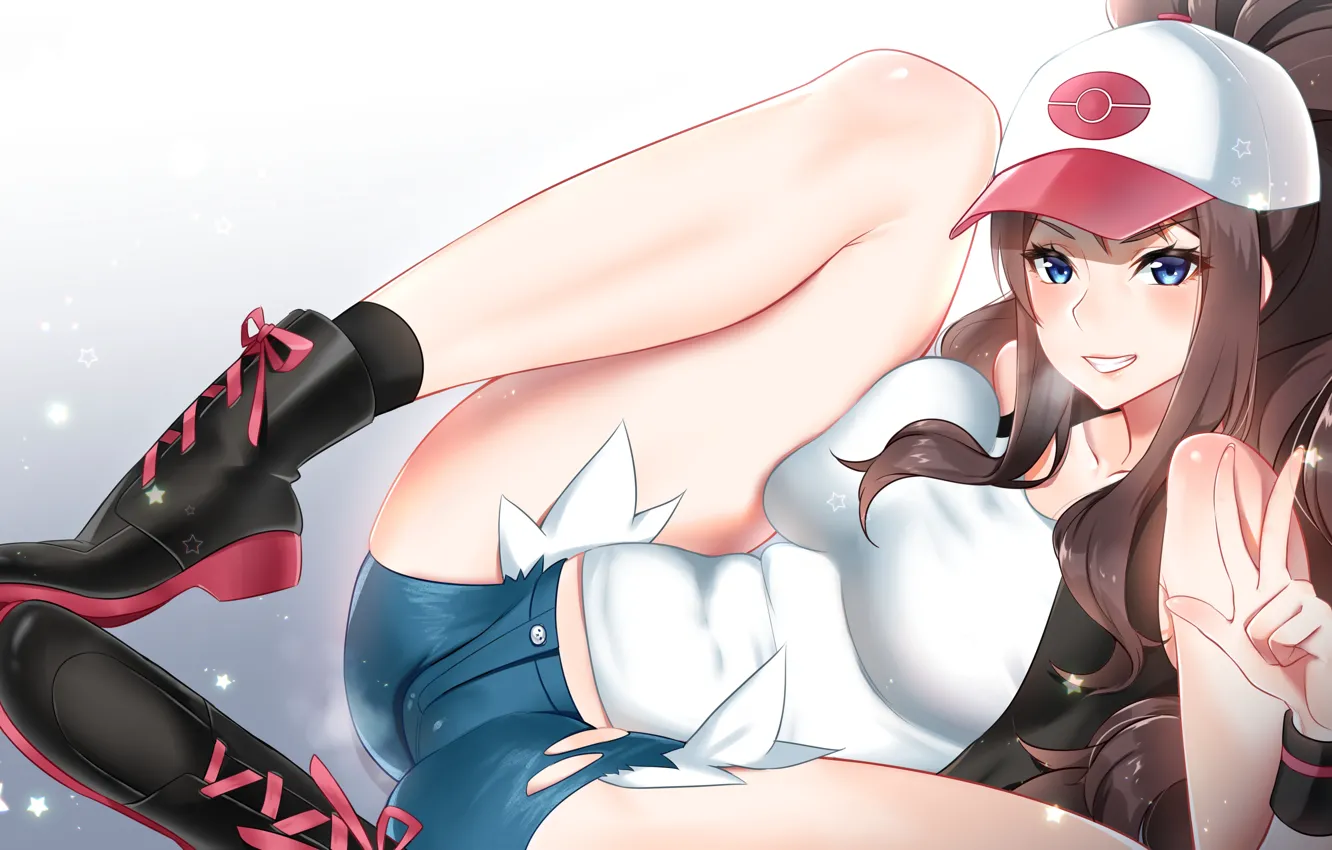 Photo wallpaper girl, sexy, shorts, long hair, brown hair, boobs, anime, blue eyes