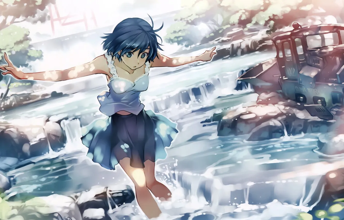 Photo wallpaper water, stream, anime, art, girl