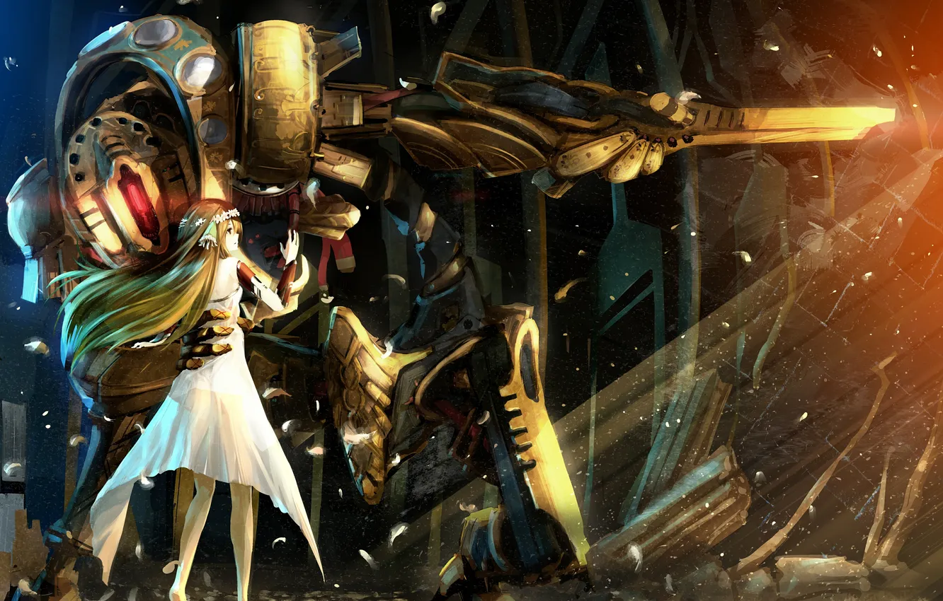 Photo wallpaper girl, flowers, weapons, robot, anime, petals, art, wreath