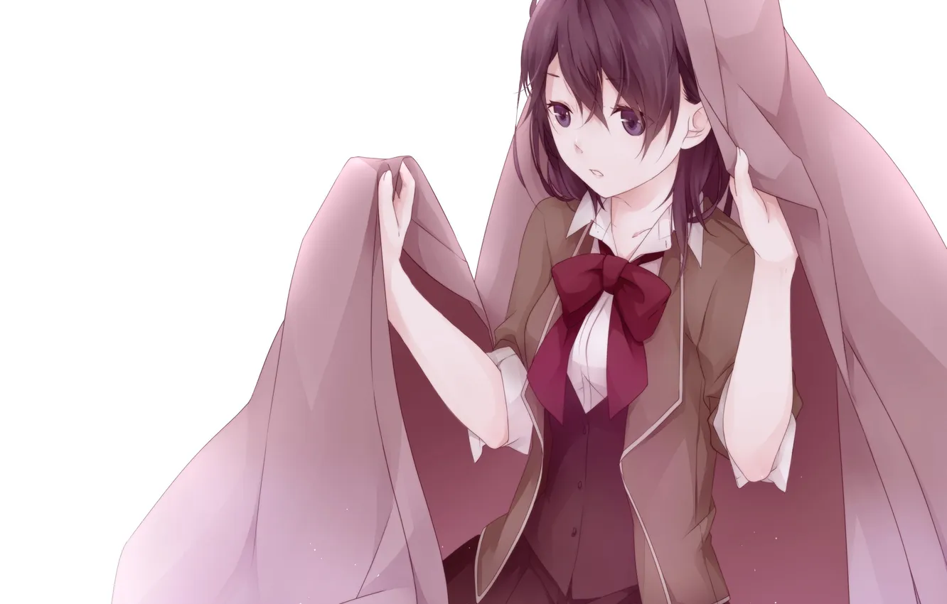 Photo wallpaper girl, anime, blanket, art, form, schoolgirl, sitting, sekiyu