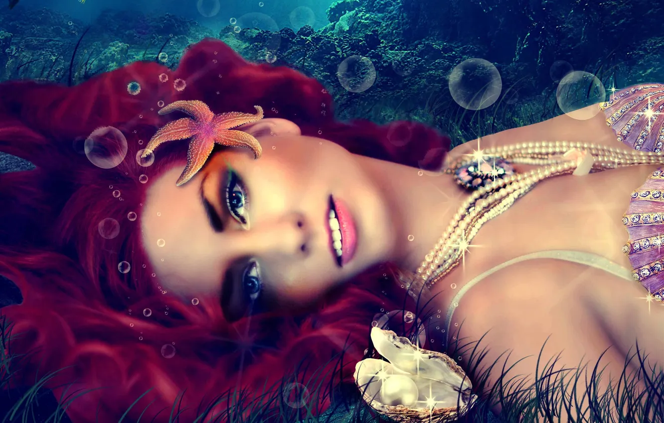 Photo wallpaper sea, look, girl, bubbles, face, mermaid, lips, pearl