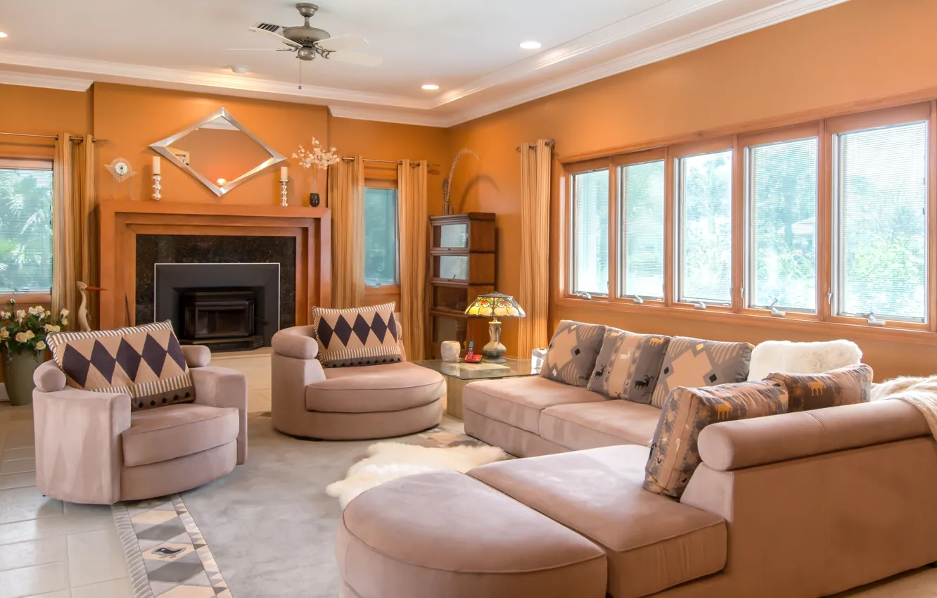 Photo wallpaper sofa, Windows, pillow, fireplace, living room