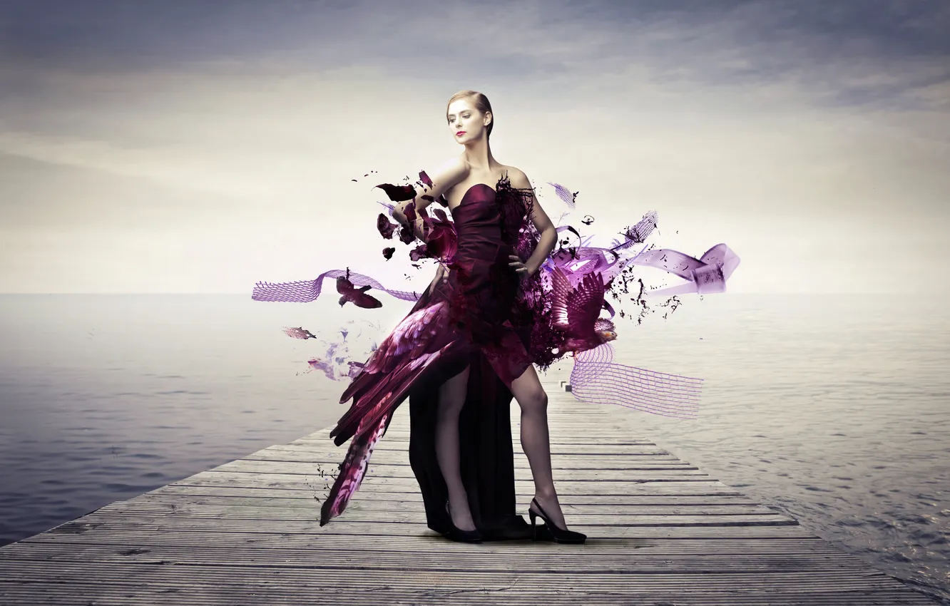 Photo wallpaper water, girl, creative, paint, pier, dress, hairstyle