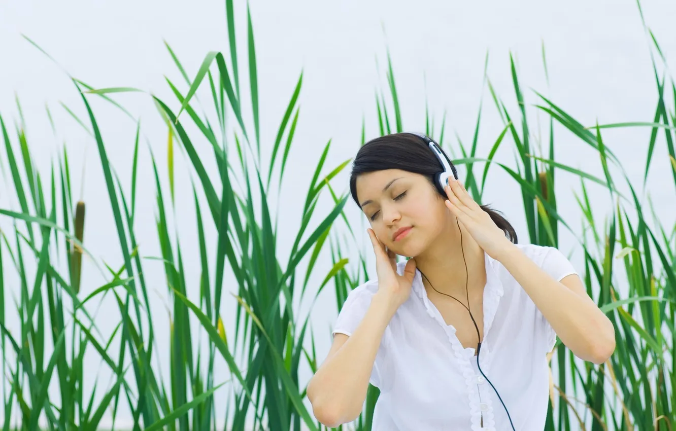 Photo wallpaper girl, Music, blouse, headphones, mood, brunette, song, Outside