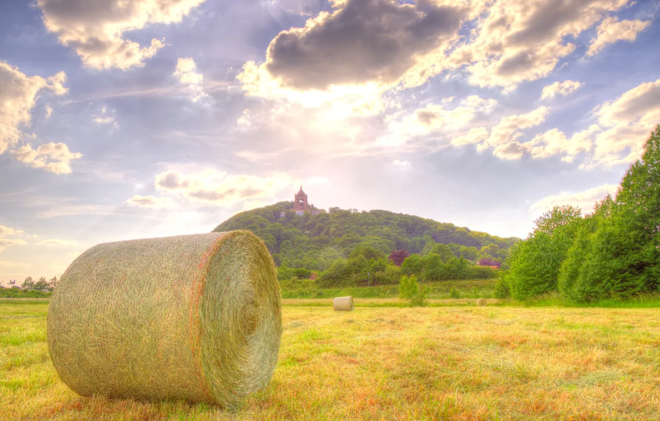 Photo wallpaper field, the sky, clouds, harvest, hill, the countryside, hay, sunlight
