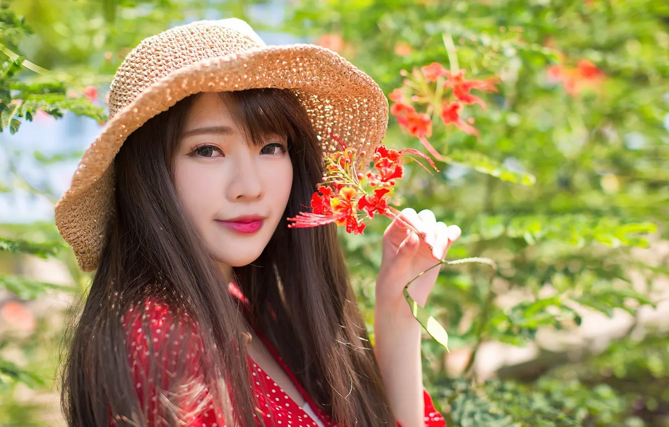 Photo wallpaper girl, flowers, hat, Asian, cutie, bokeh
