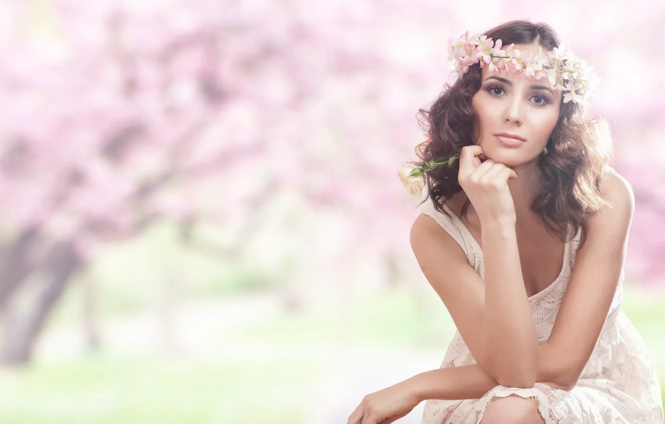 Photo wallpaper girl, flowers, face, background, model, makeup, sitting, wreath