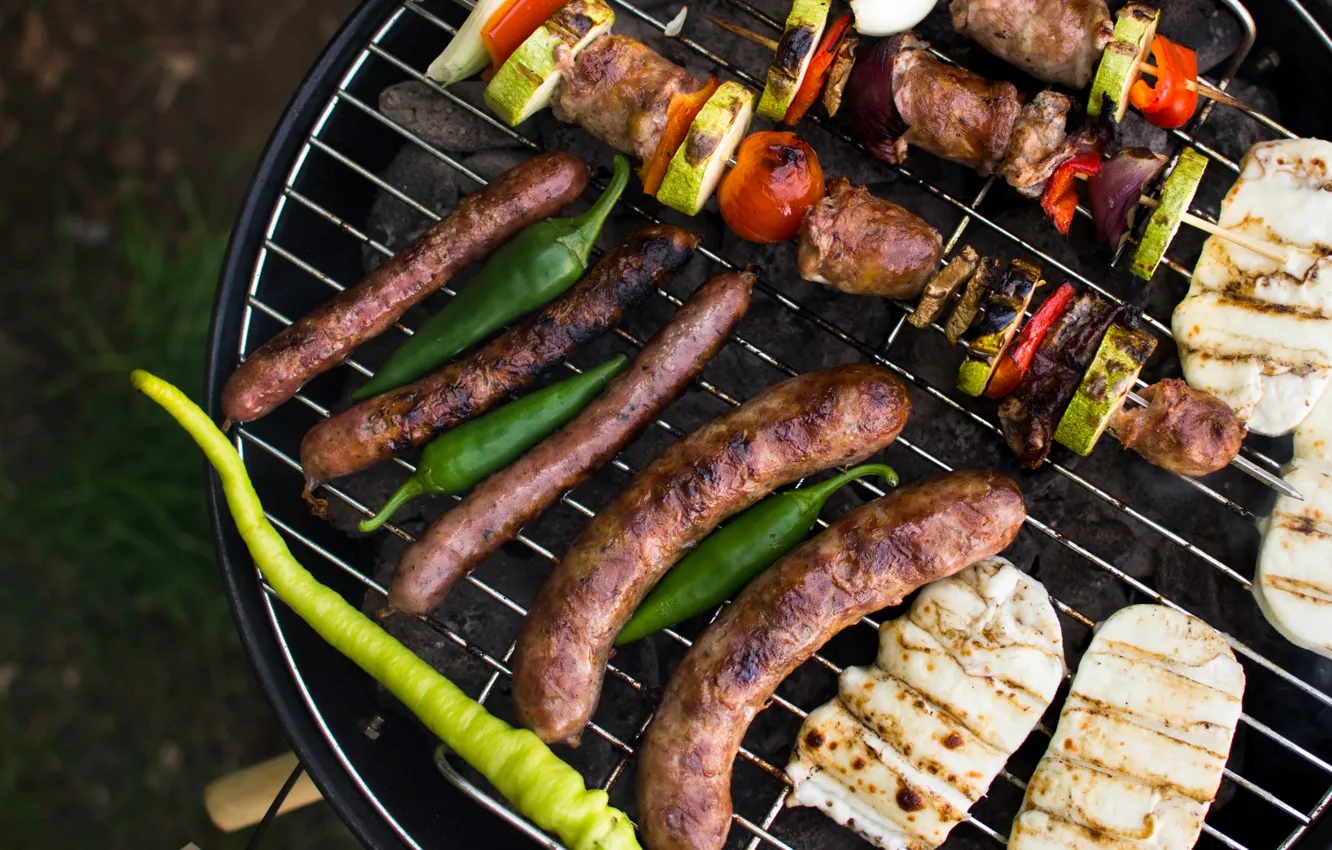 Photo wallpaper meat, vegetables, sausages, grill, kebabs