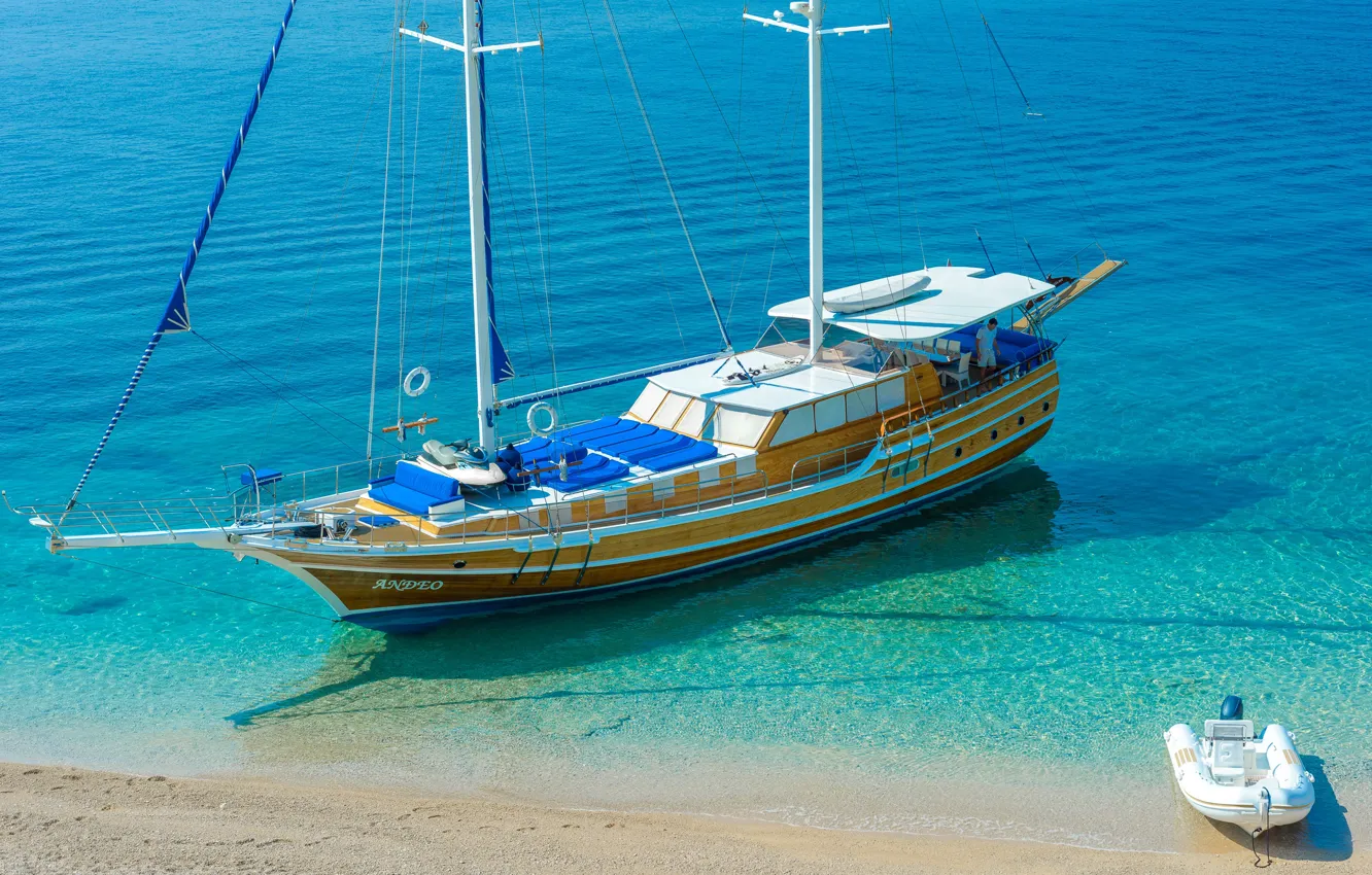 Photo wallpaper sea, shore, ship, sailboat, yacht, Croatia, mast, at anchor