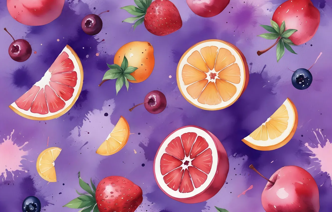Photo wallpaper texture, fruit, different, cuts, imitation of watercolor, AI art, neural network
