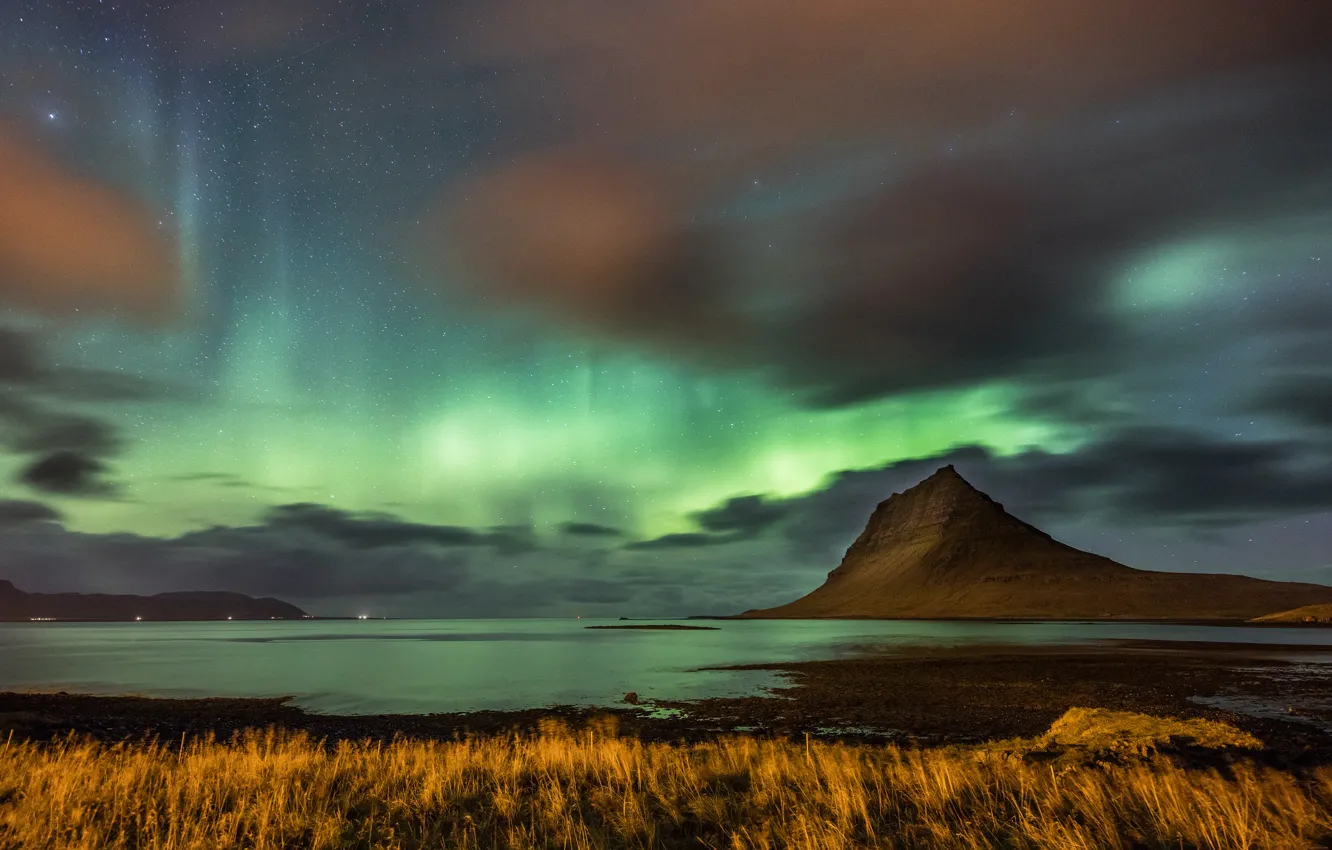 Photo wallpaper sea, the sky, grass, stars, clouds, mountains, night, clouds