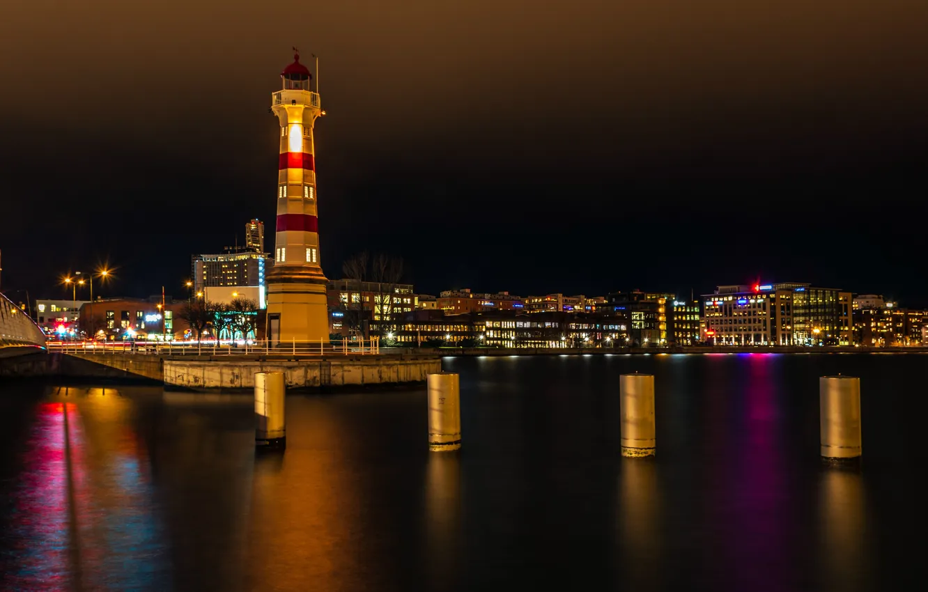 Photo wallpaper water, night, the city, reflection, Sweden, Sweden, Lighthouse Harbor, Lighthouse Harbor