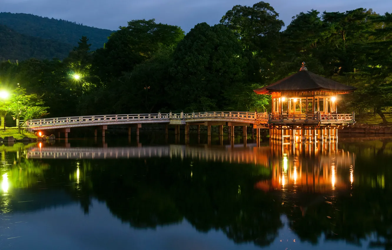Photo wallpaper night, Asia, pagoda, pond