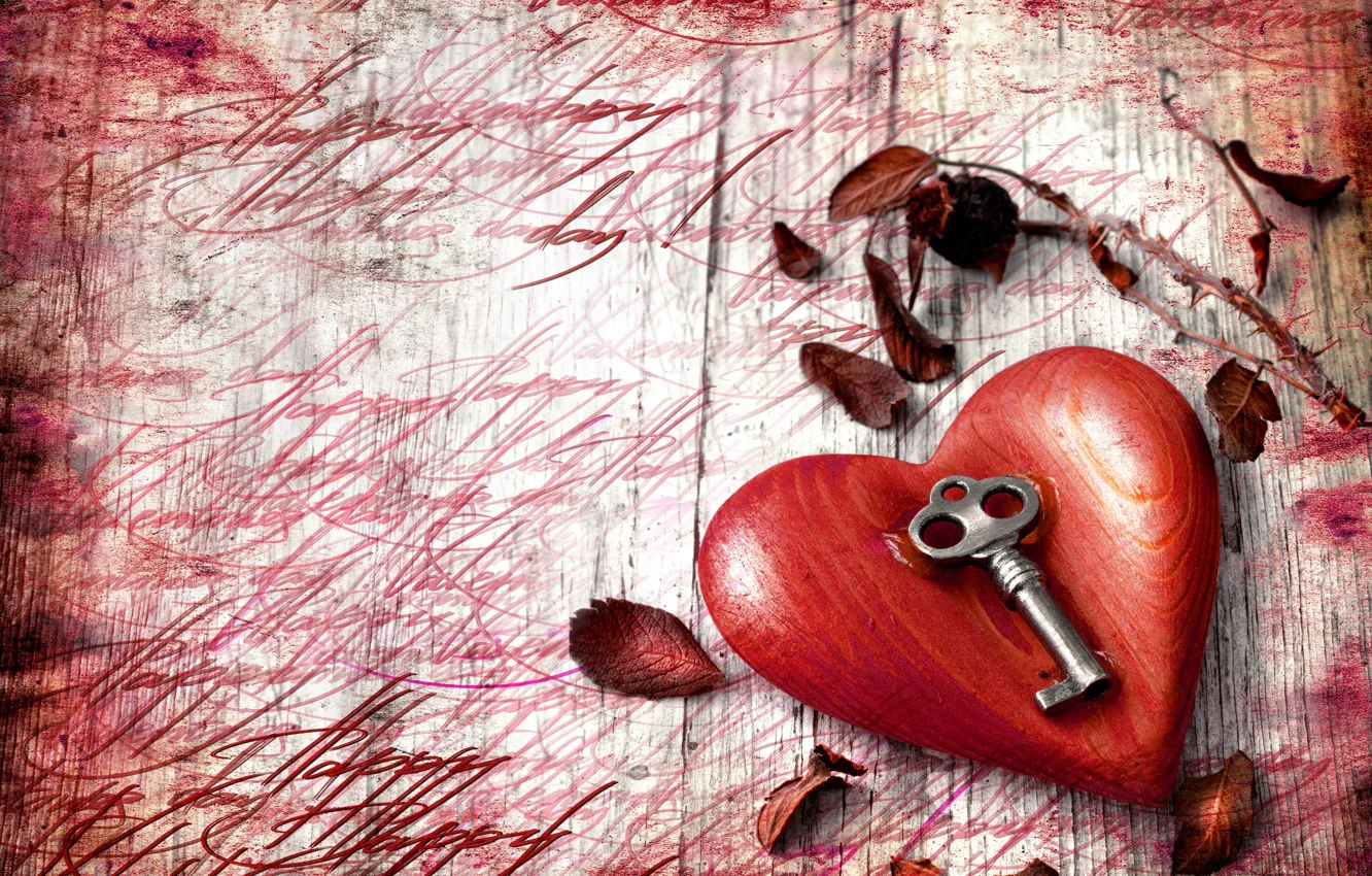 Photo wallpaper leaves, holiday, heart, Valentine's Day, key