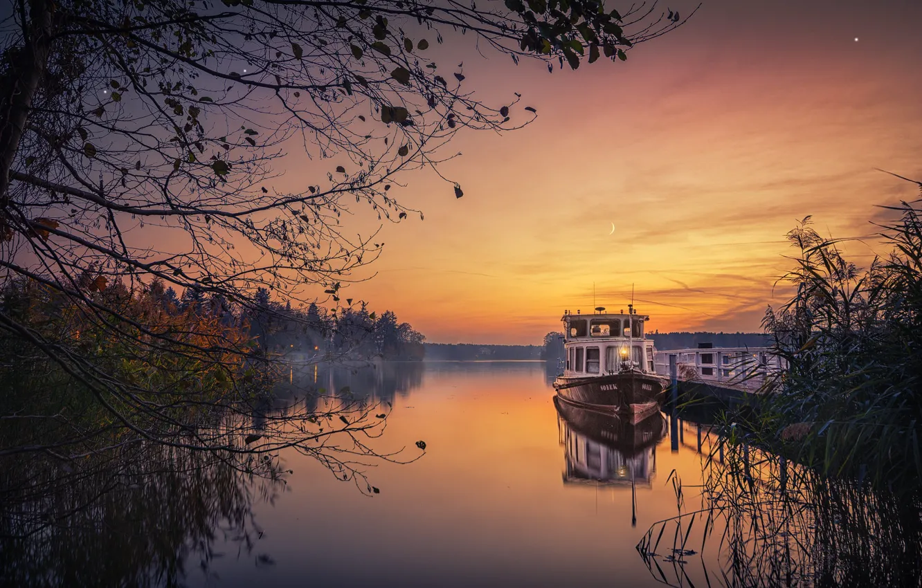 Photo wallpaper autumn, trees, landscape, sunset, nature, lake, ship, the evening