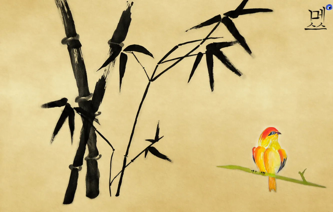 Photo wallpaper figure, bamboo, bird, character