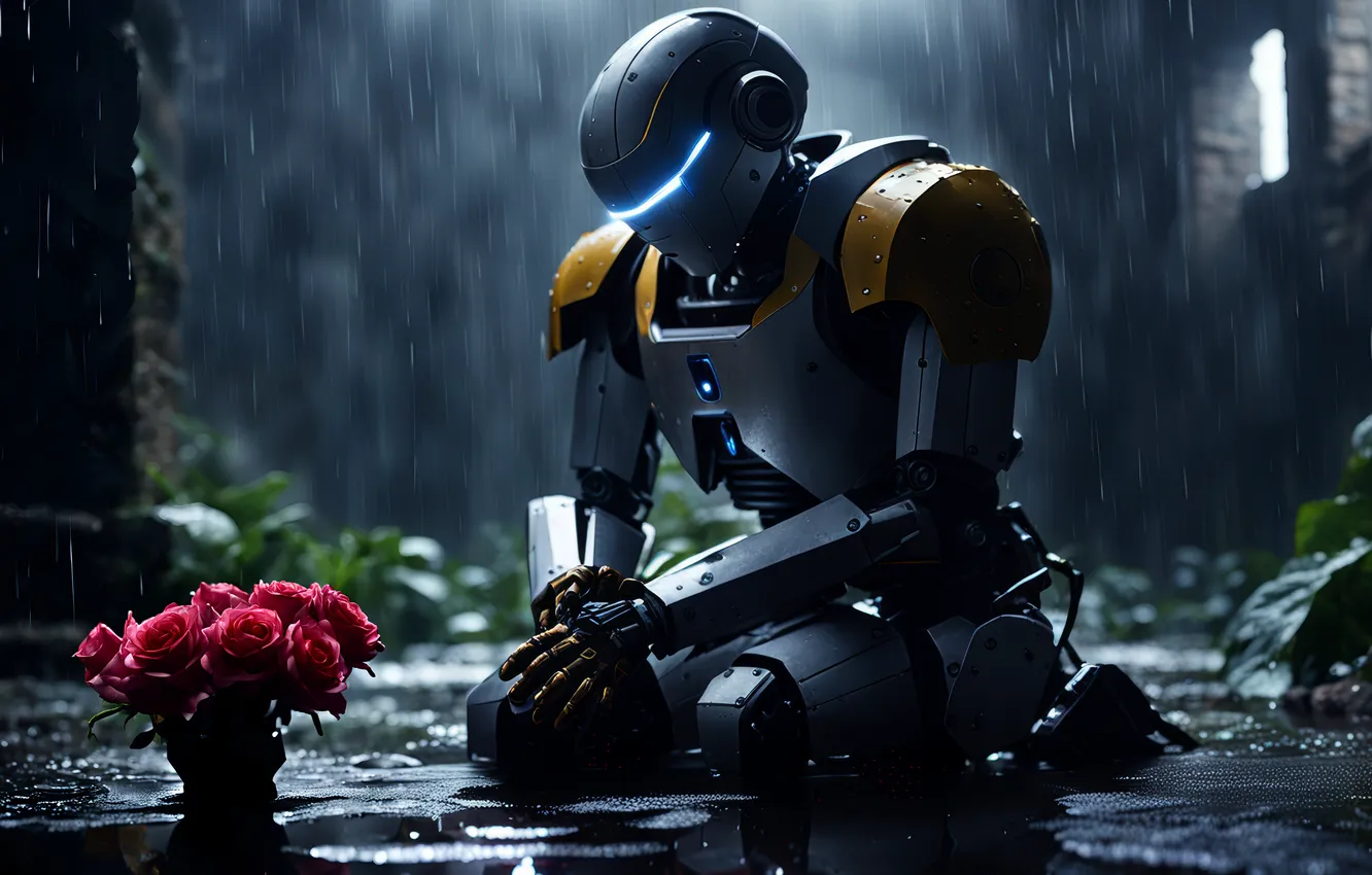 Photo wallpaper Dystopian, futuristic, dark, wet, ruins, metall, rain, robot