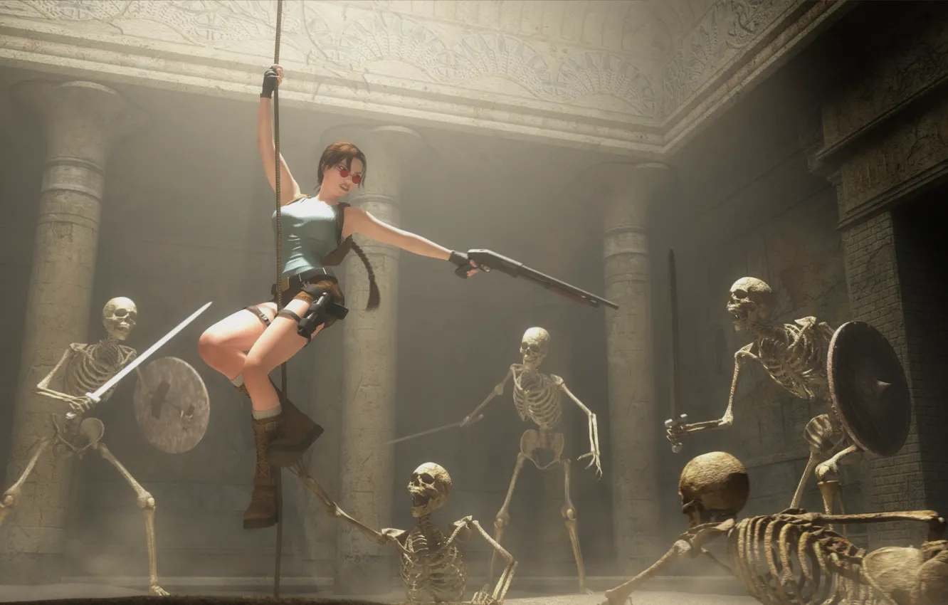 Photo wallpaper sword, rope, skeleton, Tomb Raider, sword, shield, art, Lara Croft
