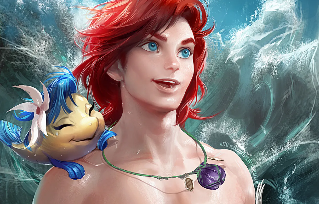 Photo wallpaper wave, boy, Ariel, the little mermaid, The little mermaid, fish flounder
