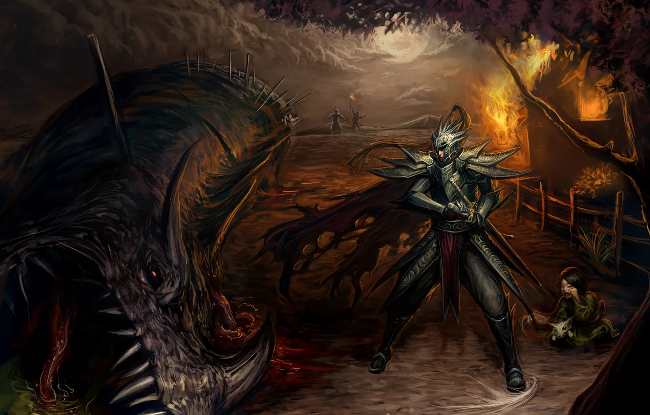 Photo wallpaper children, lights, the moon, blood, dragon, monster, village, art