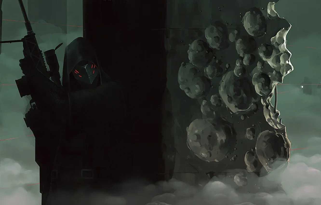 Photo wallpaper fog, weapons, mask, art, soldiers, columns, laser, male