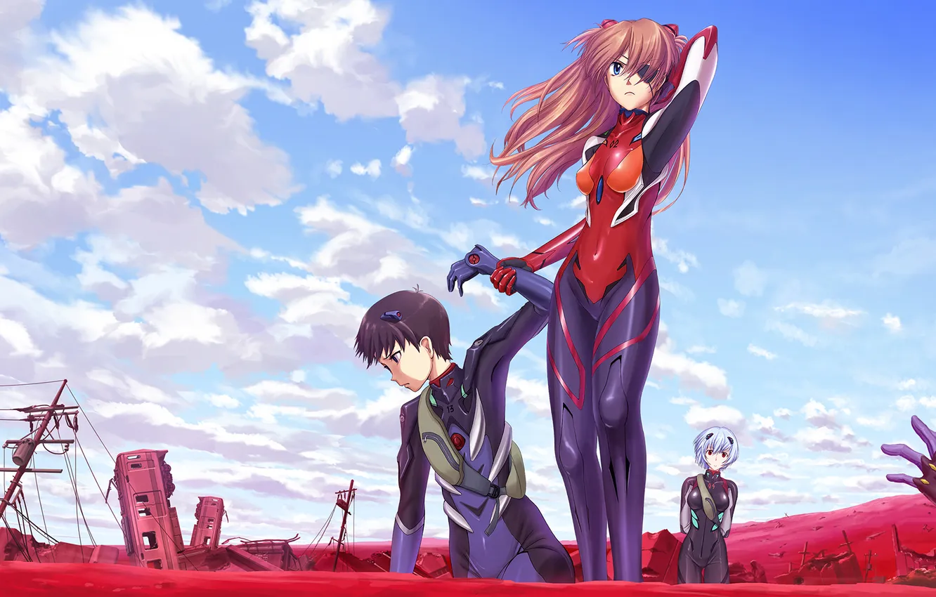 Photo wallpaper girl, art, ruins, guy, Neon Genesis Evangelion, soryu asuka langley, it became shinji, Ayanami Rei