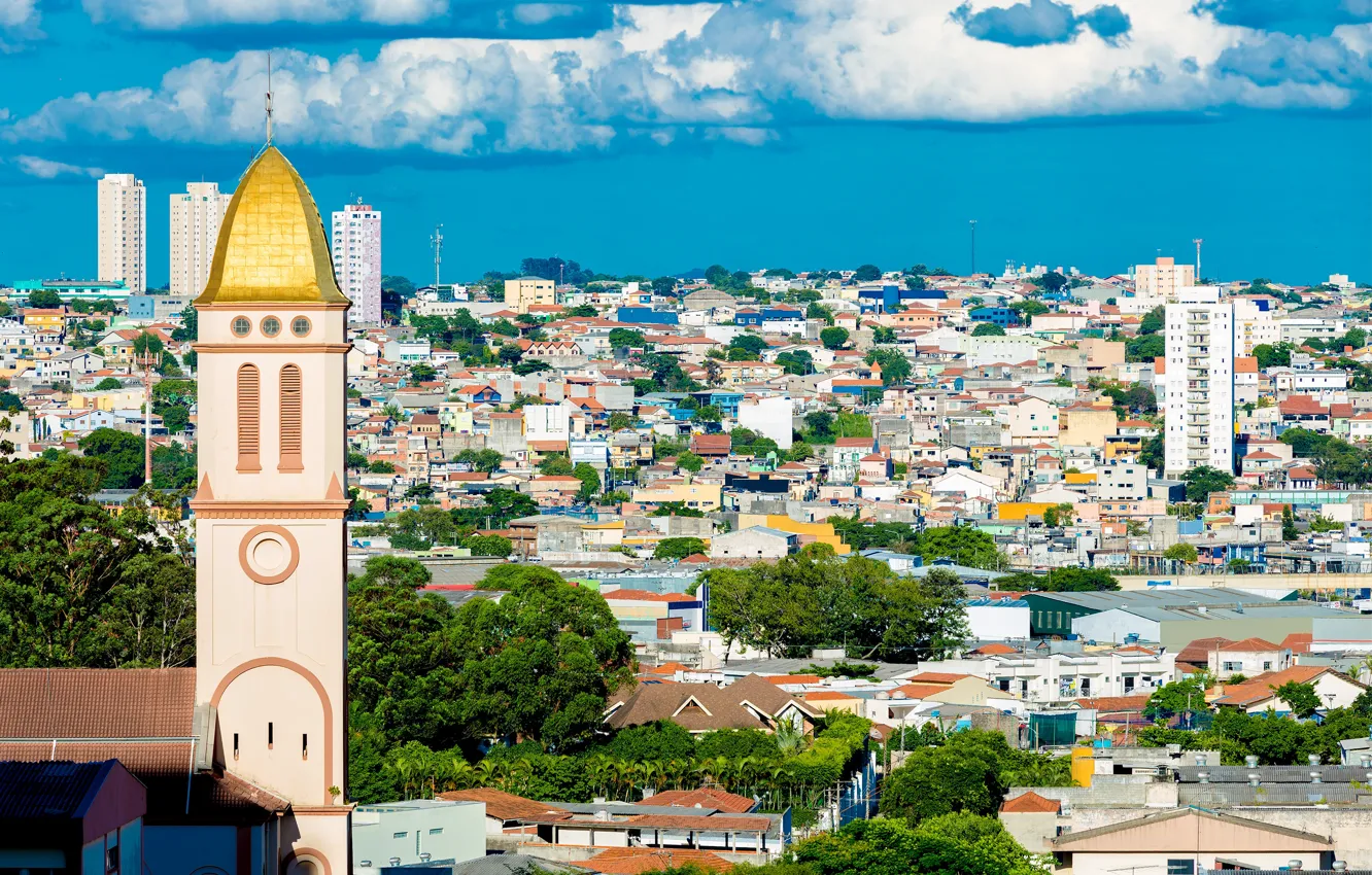 Photo wallpaper the sky, clouds, trees, the city, tower, home, Sunny, Brazil