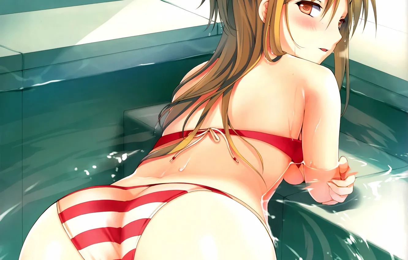 Photo wallpaper girl, sexy, ass, pool, long hair, anime, beautiful, red eyes