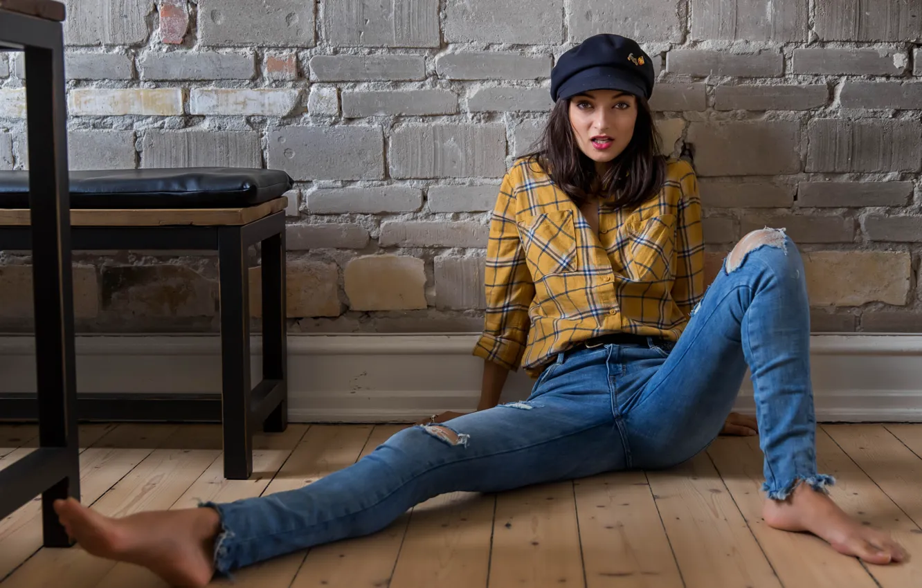 Photo wallpaper look, girl, jeans, cap, shirt