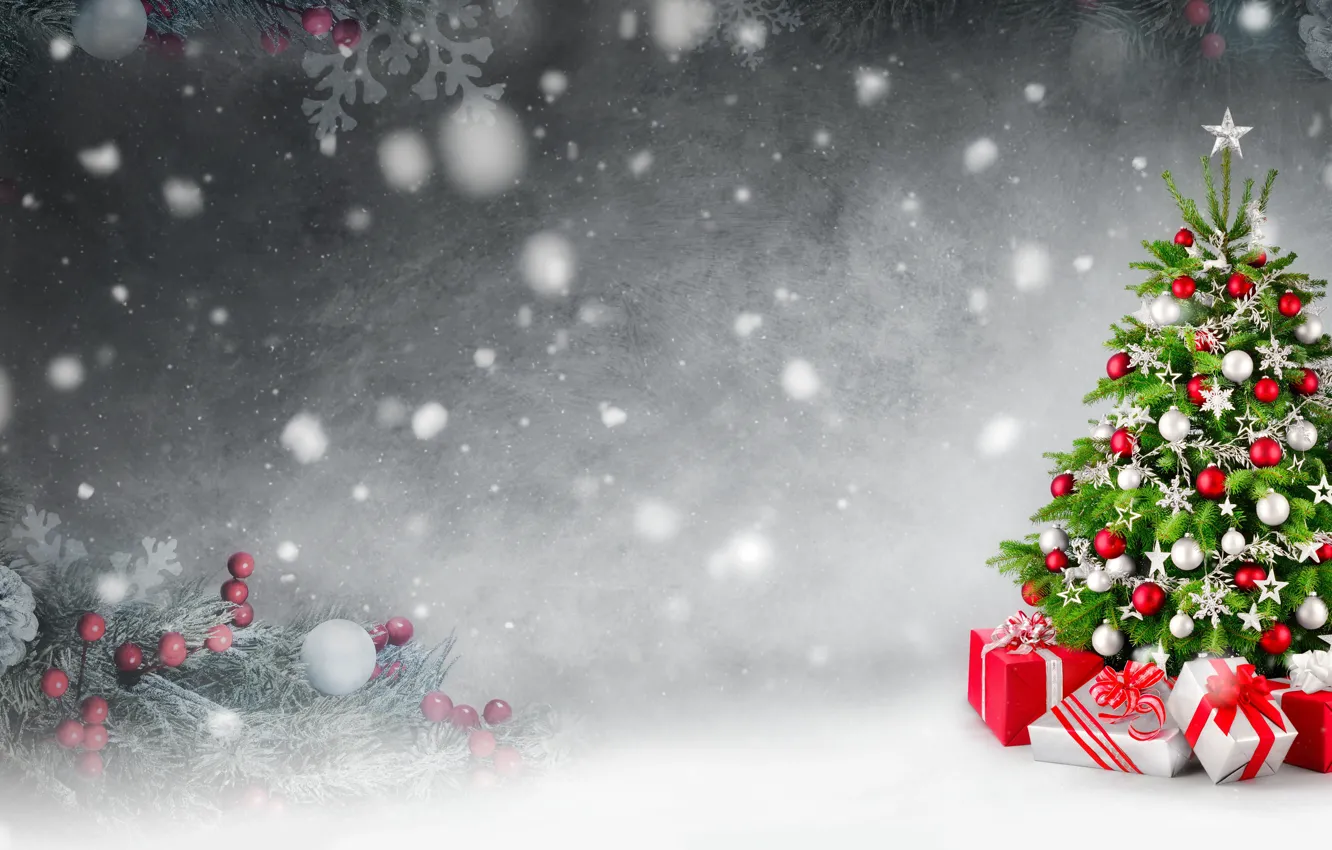 Photo wallpaper winter, snow, gift, tree, new year, Smileus