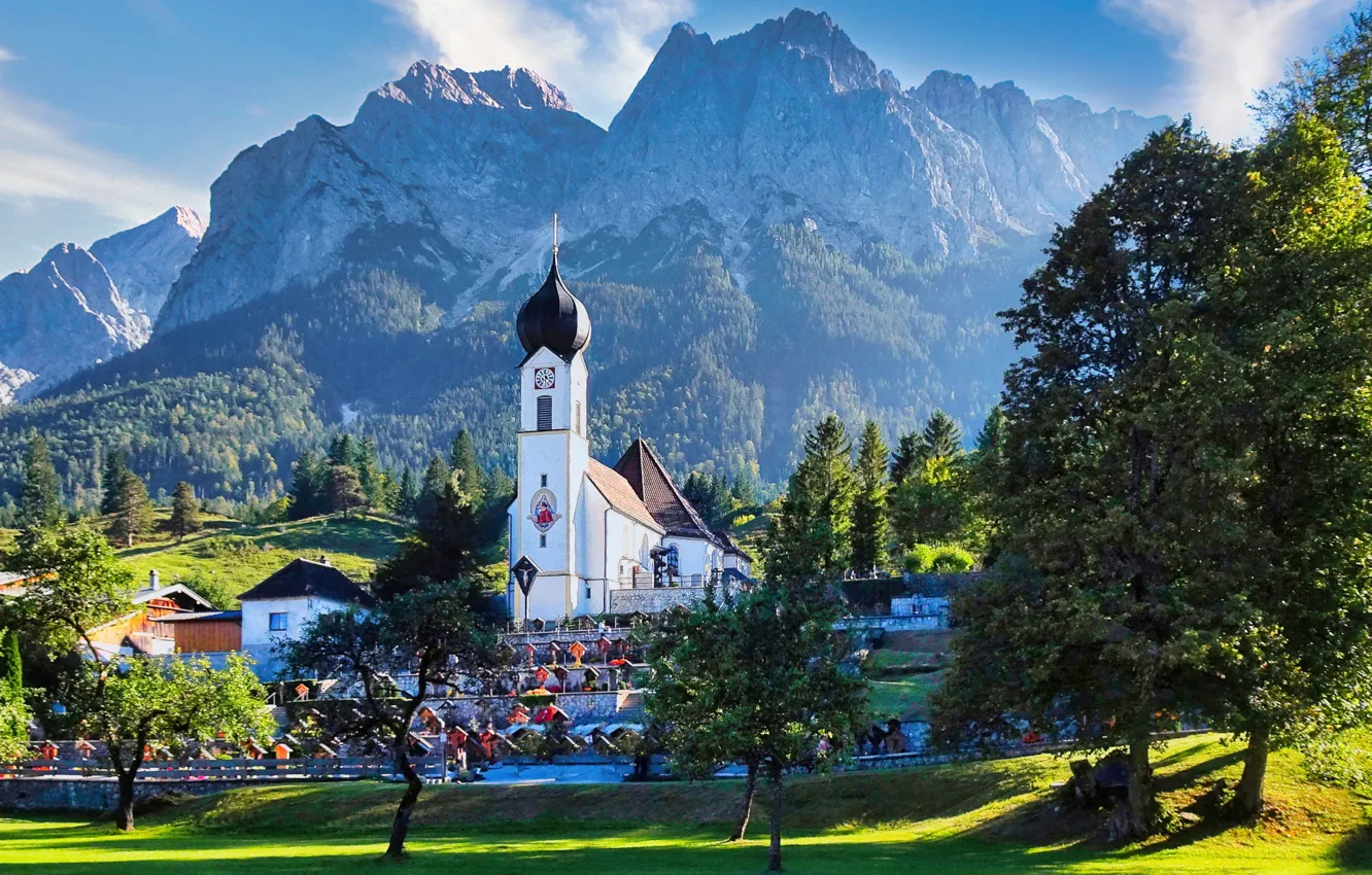 Photo wallpaper landscape, mountains, nature, home, Germany, Bayern, Alps, Church