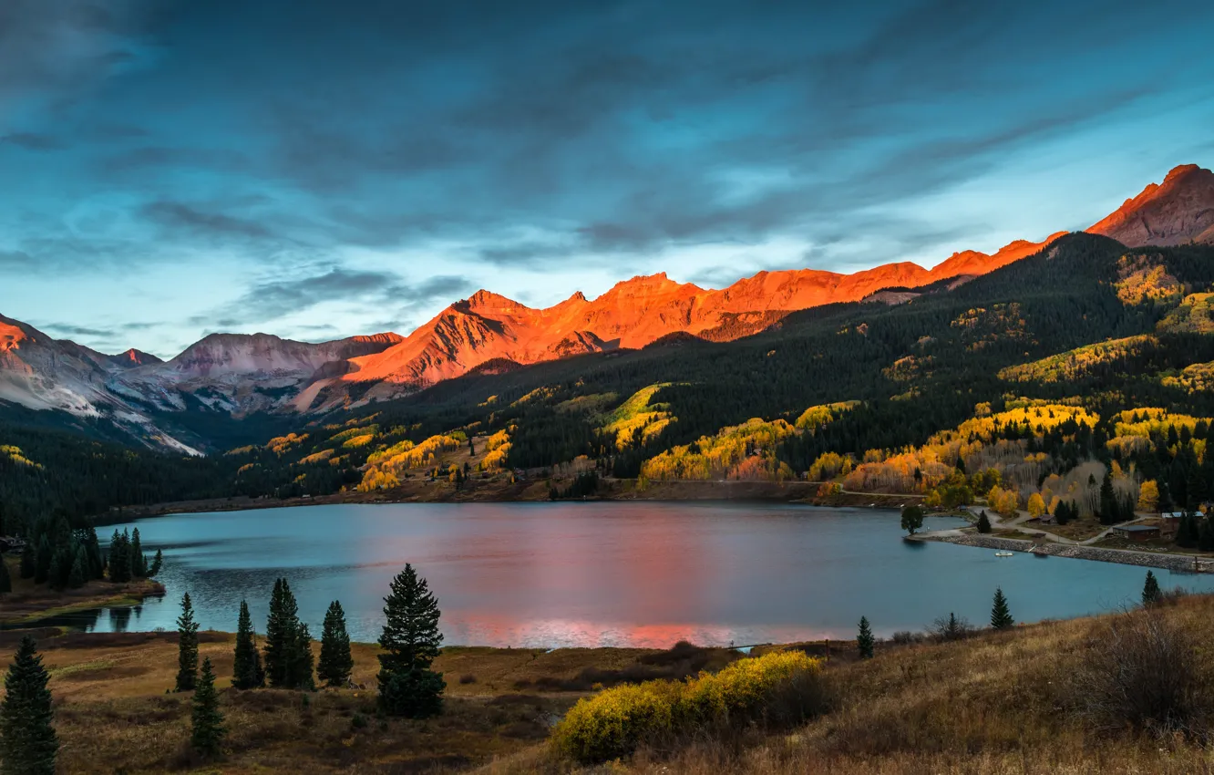 Photo wallpaper autumn, forest, light, mountains, lake, tops
