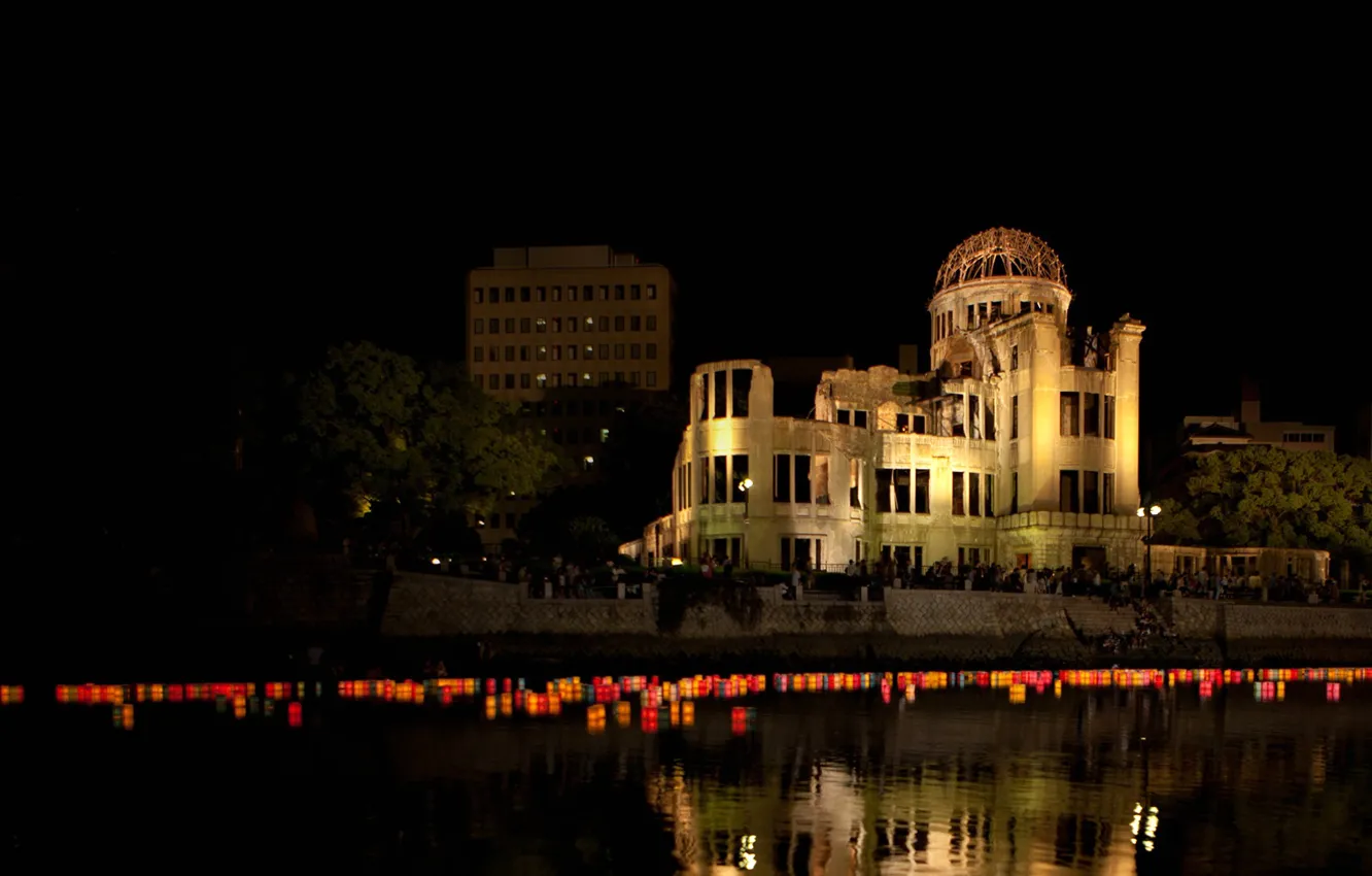 Photo wallpaper night, house, memory, Japan, ruins, lanterns, Hiroshima
