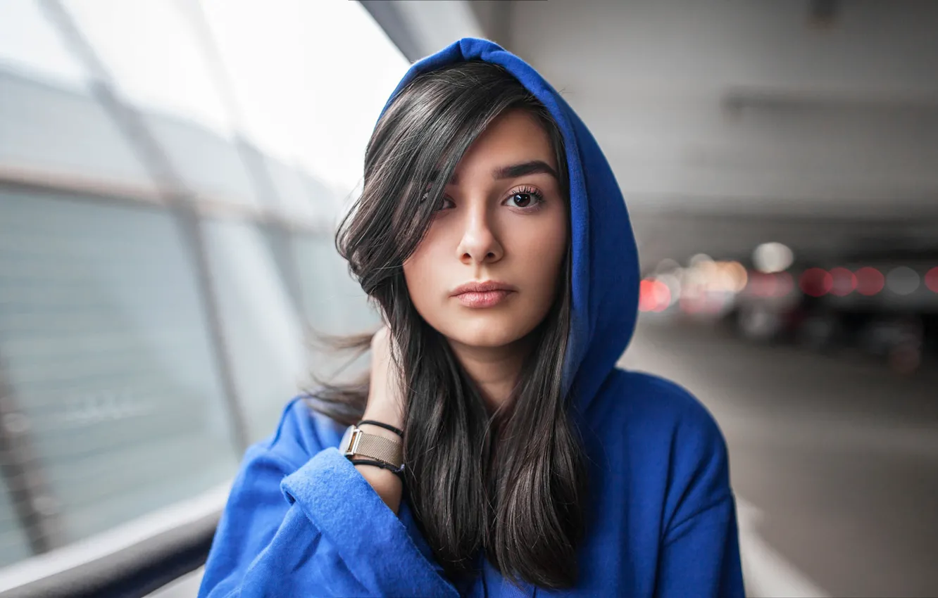 Photo wallpaper look, girl, blue, portrait, makeup, brunette, hairstyle, hood