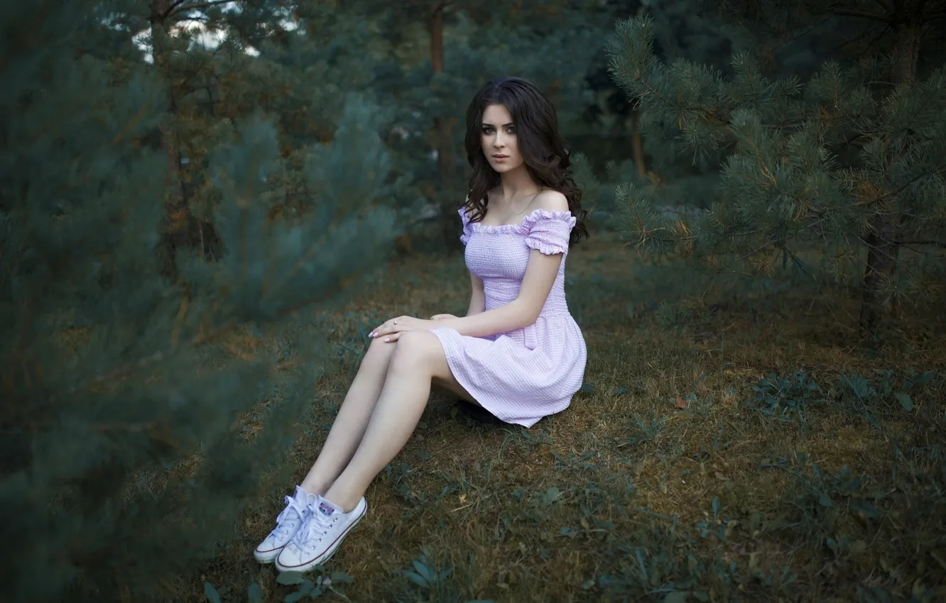 Photo wallpaper grass, trees, one, sneakers, makeup, figure, dress, brunette