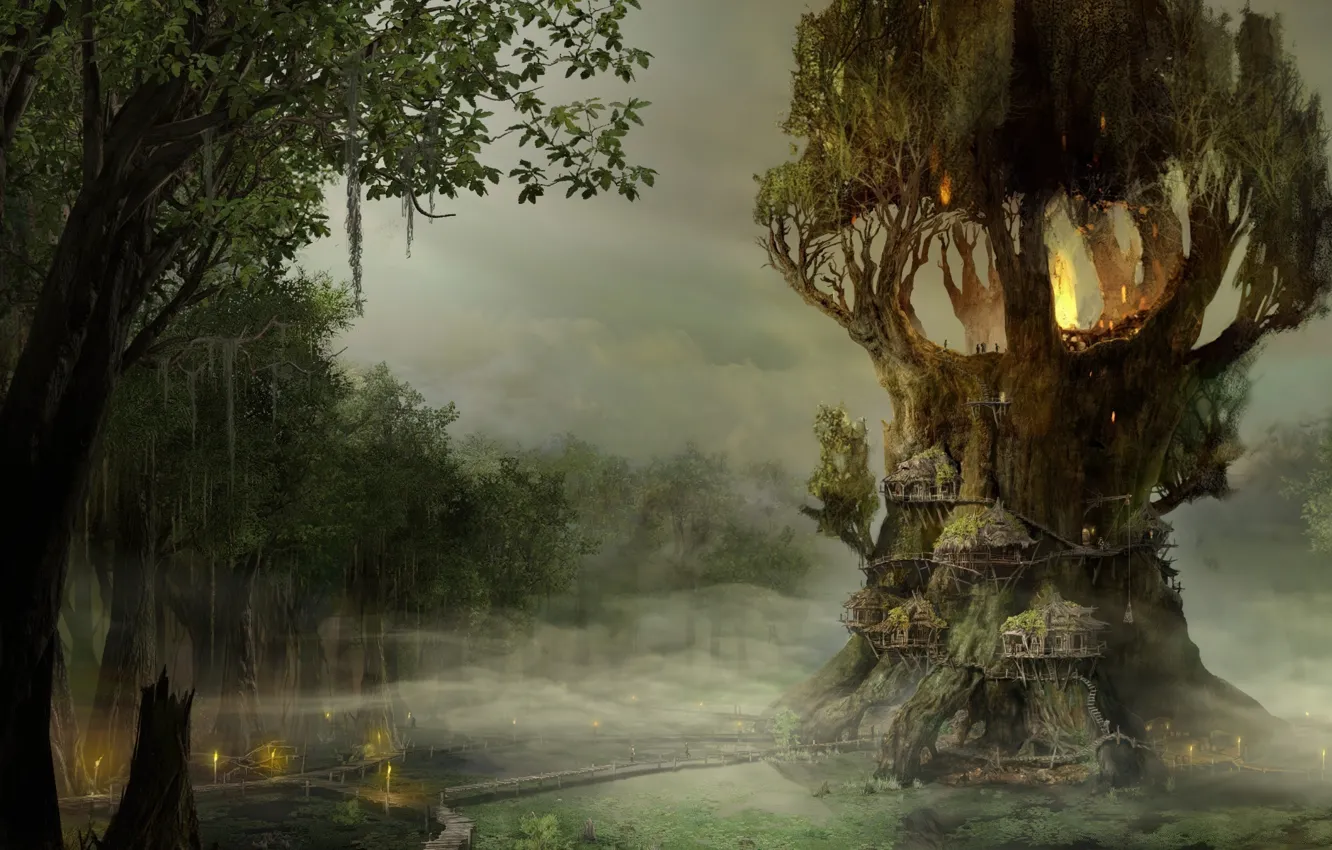 Photo wallpaper forest, trees, house, art, hut, green background, beautiful Wallpaper, elven forest