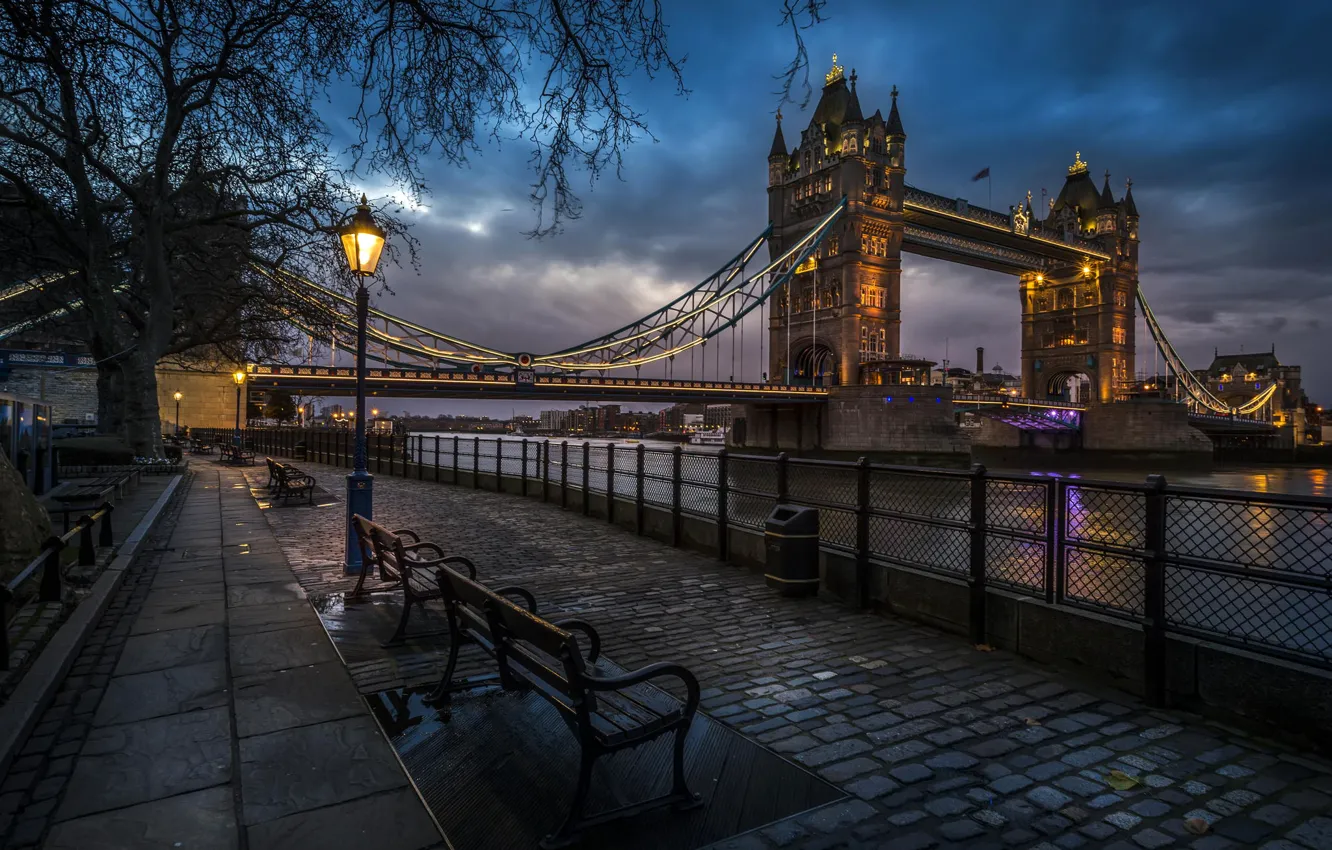 Photo wallpaper city, the city, lights, river, England, London, the evening, lights
