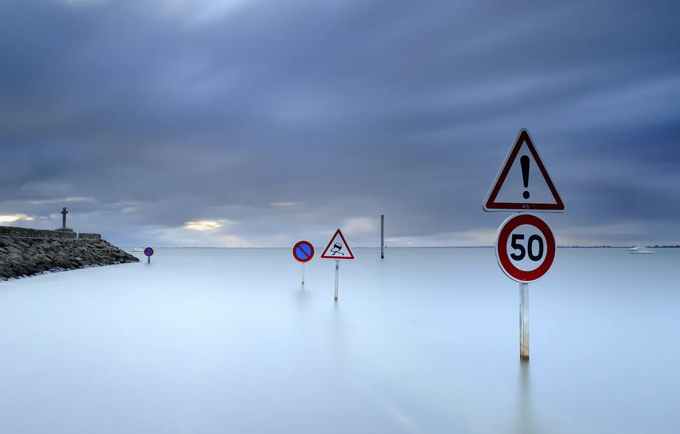 Photo wallpaper sea, night, sign