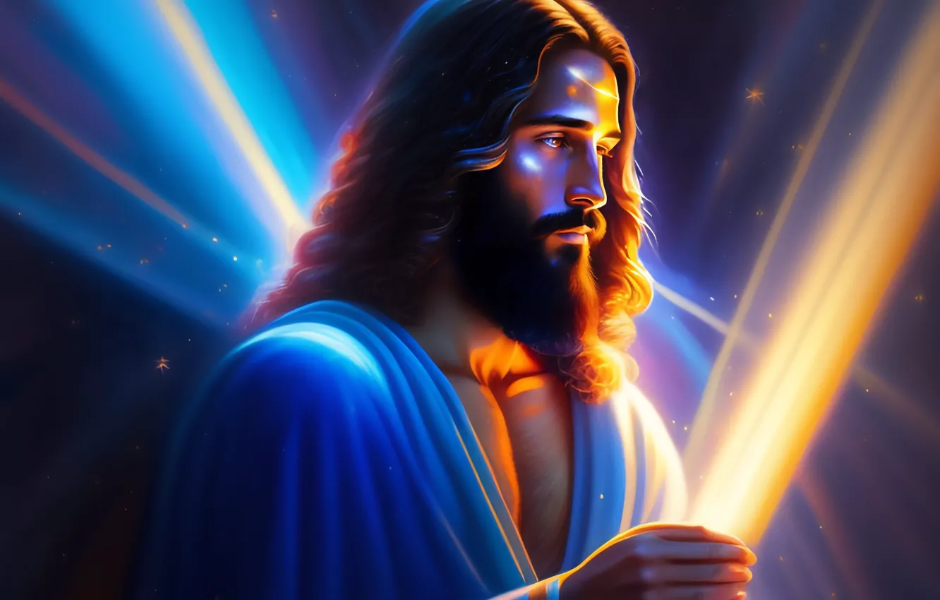 Photo wallpaper Jesus, hair, male, religion, Jesus Christ, digital art, AI art, The Art of Artificial Intelligence