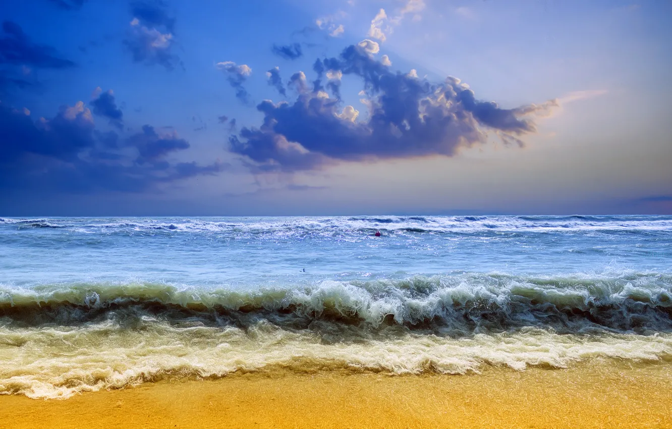 Photo wallpaper sand, sea, wave, the sky, clouds, storm, shore