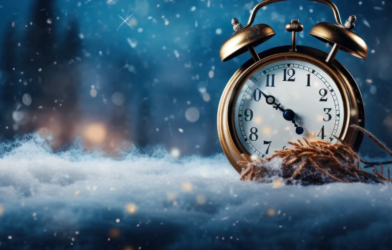 Photo wallpaper winter, snow, night, time, watch, new year, Christmas, panorama