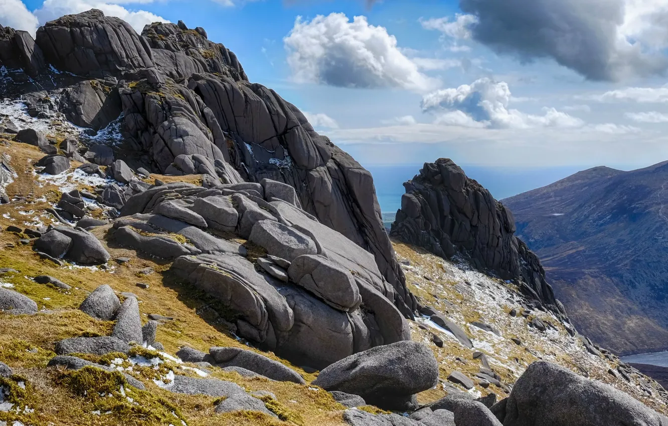 Photo wallpaper the sky, clouds, landscape, mountains, nature, stones, rocks, horizon
