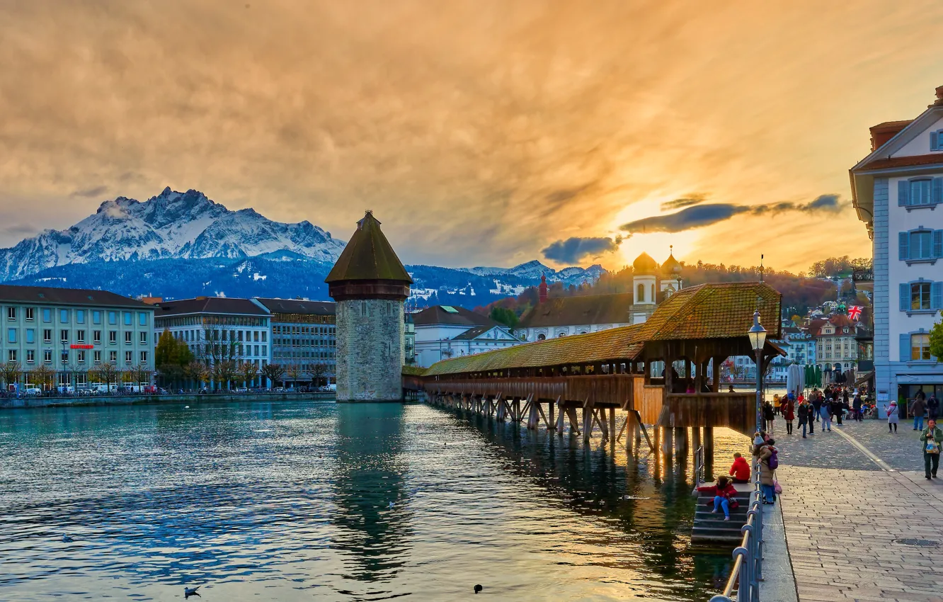 Photo wallpaper sunset, mountains, bridge, the city, lake, home, Switzerland, promenade