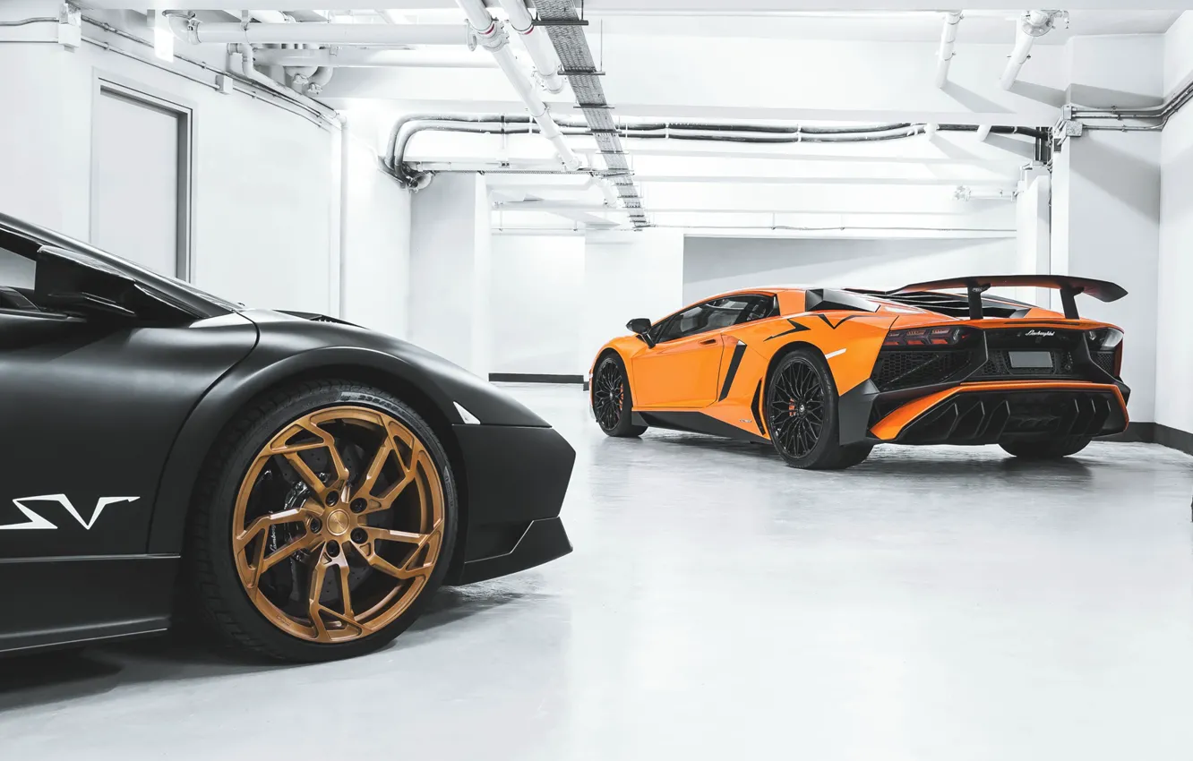 Photo wallpaper Black, Murcielago, Aventador, Gold, Wheels, LP670-4 SV, LP750-4 SV