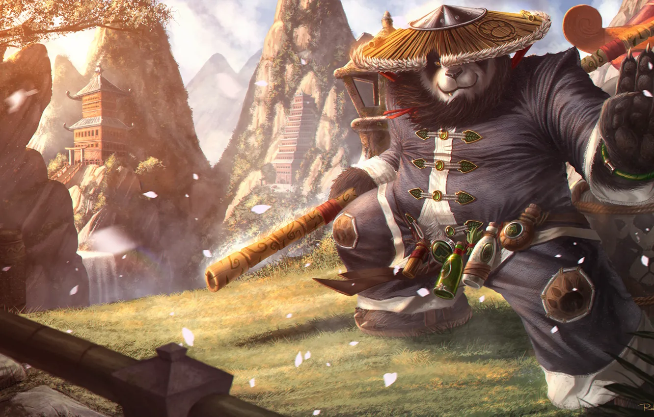 Photo wallpaper bear, Panda, Warcraft, art, stick, World of Warcraft: Mists of Pandaria