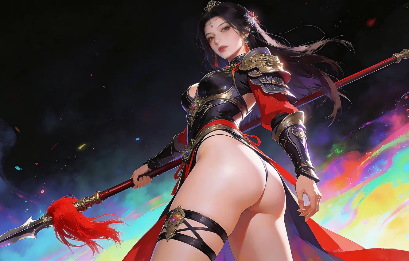 Photo wallpaper girl, brunette, asian, spear, ai art, booty